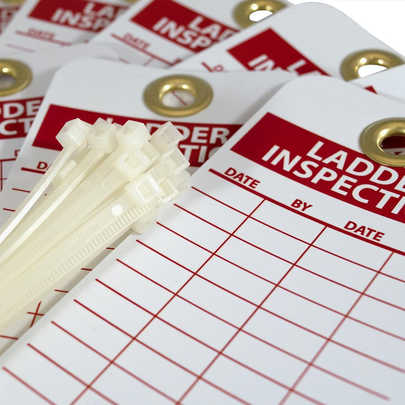 NMC Ladder Inspection Tag, Double-Sided, 25-Pack, 3" Width x 6" Height, Unrippable Vinyl, White/Red Text on Red/White Base, Made in The USA, RPT168G