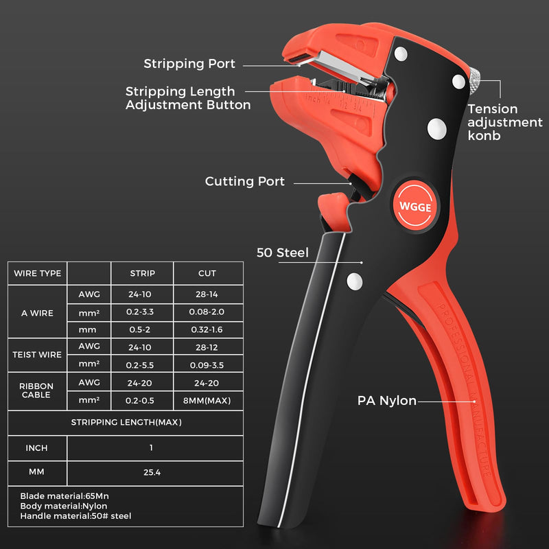 [Australia - AusPower] - WGGE Automatic Wire Stripper and Cutter, 2 IN 1 Wire Stripper Tool, Adjustable 10-24 AWG Electrical Cable Wire Stripping Tool for Electronic and Automotive Repair, Eagle Nose Pliers (7-Inch) 