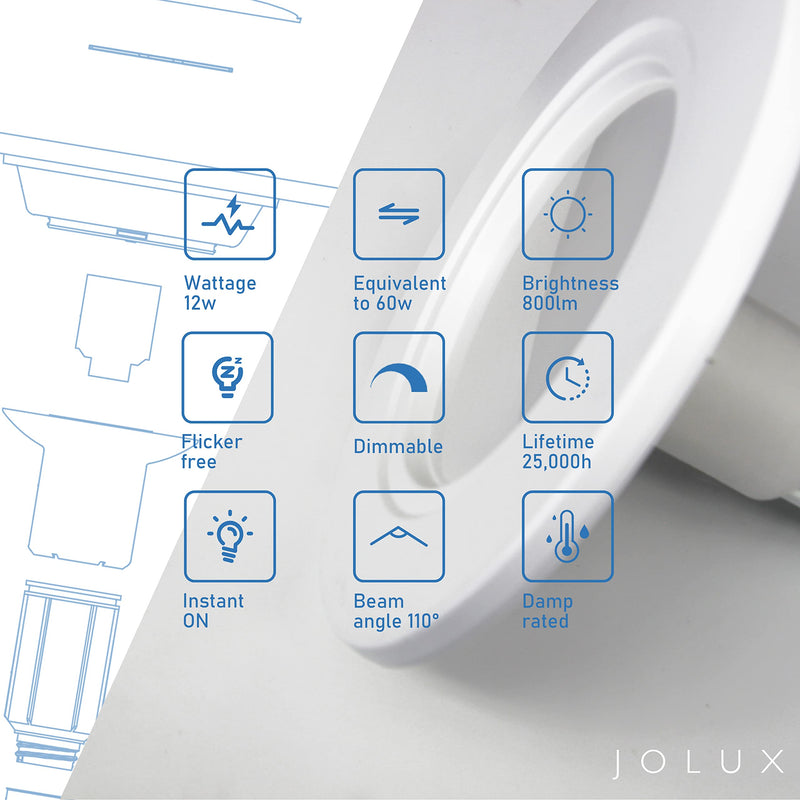 Jolux 5/6 Inch LED Can Lights Adjustable Recessed Retrofit Downlight,12W=60W,5000K Daylight, 800LM,Dimmable,ETL Damp Rated Conversion kit, Recessed Lighting Install,Flat Trim, E26 Base,4-Pack 5000K(Daylight) 6 Inch- 4 Pack