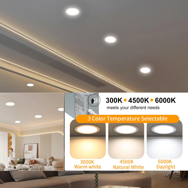 LZHOME 2 Pack 8 Inch LED Recessed Light- Ultra-Thin Recessed Ceiling Lighting with Junction Box, 3000K/4500K/6000K Selectable, 1800LM High Brightness, Dimmable Canless Downlight Fixtures 2 Packs 3CCT-3000K/4500K/6000K