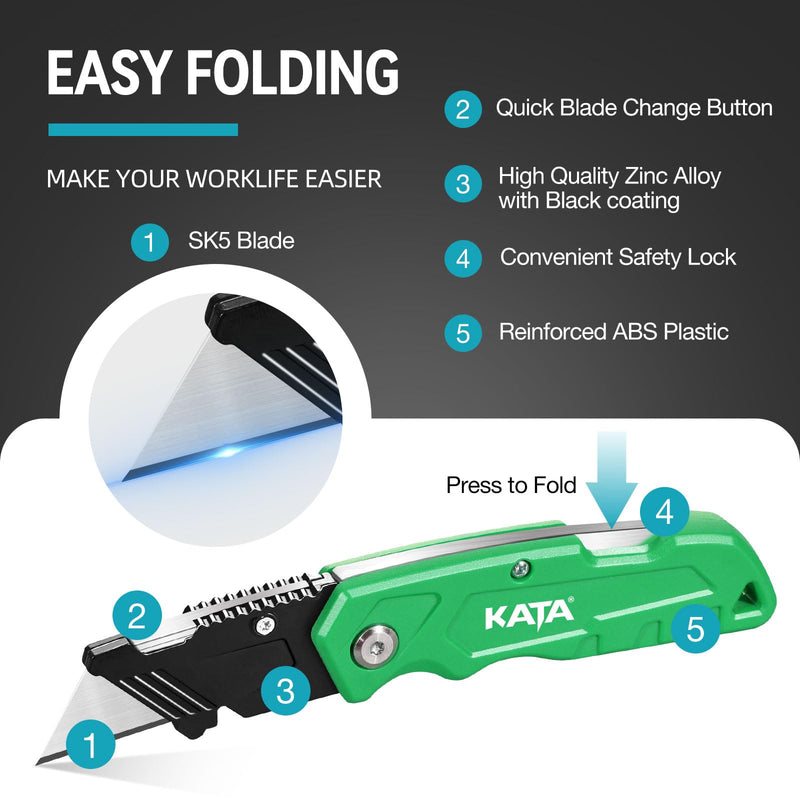 [Australia - AusPower] - KATA Folding Box Cutter Knives: Heavy Duty Utility Knife Pocket Box Cutter with Extra 20pcs Razor Blades - 4-Pack Plastic Cardboard Opener Safey Knives - Gifts for Men Cutting Cartons, leather, Rope D 