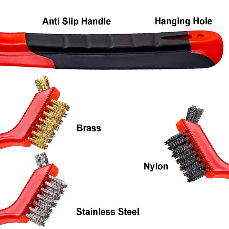 [Australia - AusPower] - 6Pcs Mini Wire Brush Set, Stainless Steel/Brass/Nylon Bristles Wire Brushes, Curved Handle Soft Grip for Rust, Dirt & Paint Scrubbing with Deep Cleaning – 7 Inches (Red) 6Pcs Red Mixed Brushed 