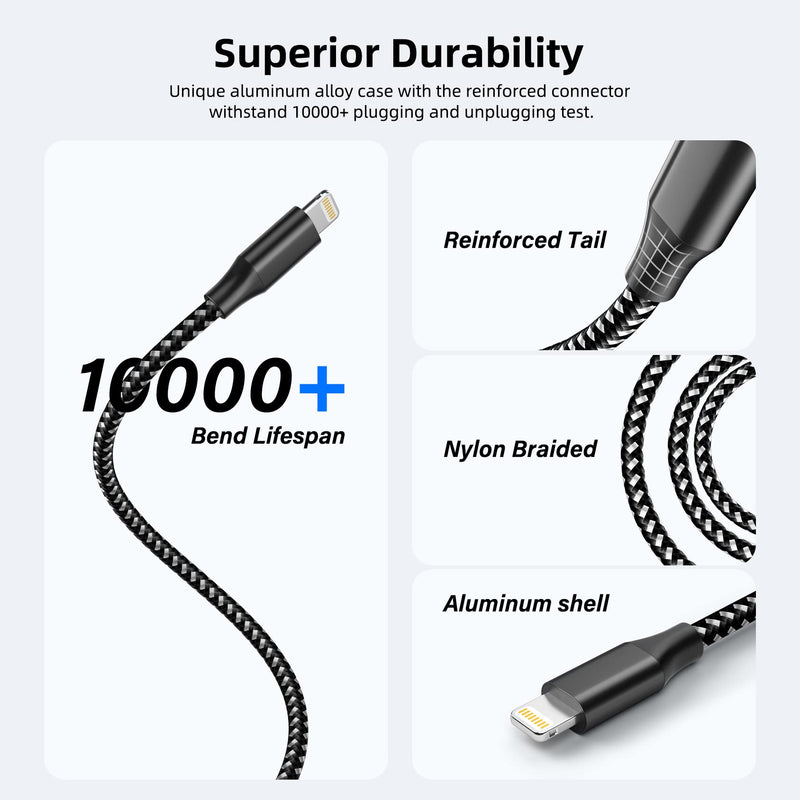 iPhone Charger Fast Charging Cord 3 Pack 10 FT Apple MFi Certified Lightning Cable Nylon Braided iPhone Charger Cord Compatible with iPhone 13 12 11 Pro Max XR XS X 8 7 6 Plus SE iPad and More BlackWhite