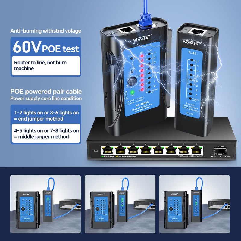 [Australia - AusPower] - Rechargeable Network Cable Tester, NF-468EU Ethernet Cable Continuity Tester for LAN RJ45/RJ11/RJ12/CAT5/CAT6/CAT7/POE Test UTP/STP Shielded Ethernet Wires Test Tool 