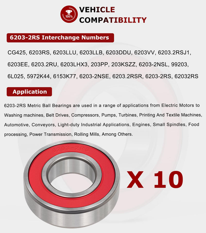 [Australia - AusPower] - 10 PCS 6203-2RS Double Sealed Deep Groove Ball Bearings, 17x40x12mm, Pre-Lubricated with Double Red Rubber Seal & High RPM Support 6203DDU 6203VV 10 PCs 