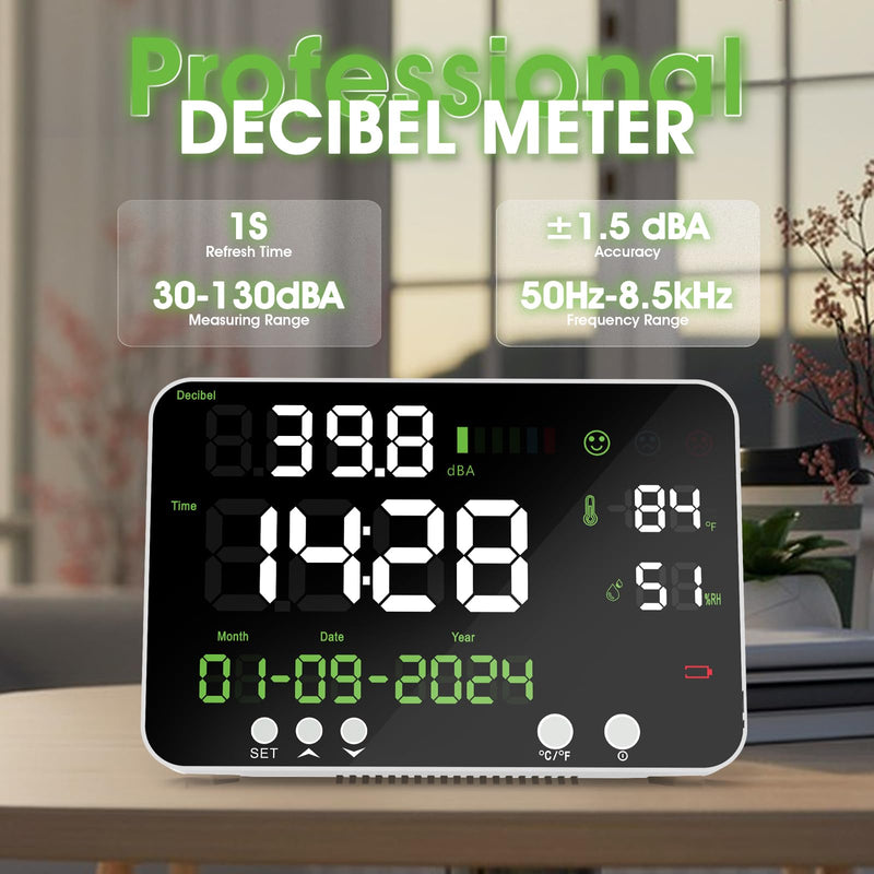 [Australia - AusPower] - Decibel Meter,6-in-1 Digital Sound Meter with 12’’LCD Screen,Range 30-130dB,Rechargeable Noise Meter with Time, Temperature and Humidity Display for Home, Studio, Library, and Factory 