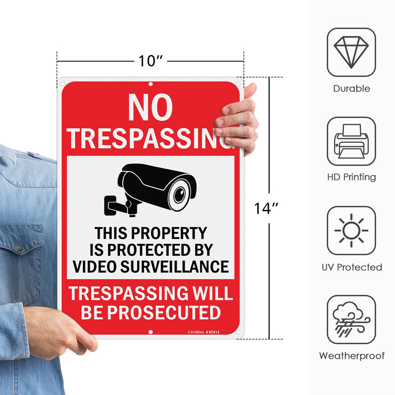 Large Video Surveillance Signs, 14x10 Inches No Trespassing Sign Private Property Sign, Reflective Aluminum, Fade Resistant,Indoor or Outdoor Use (4-Pack) 4 Pack