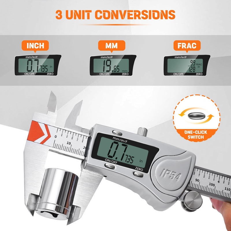 [Australia - AusPower] - HARDELL Digital Caliper, IP54 Waterproof Caliper Measuring Tool with 3-Batteries & Extra Cover, All Stainlee Steel Vernier Caliper Digital Micrometer, Inch/MM/Fraction for DIY/Household/3D-printing 
