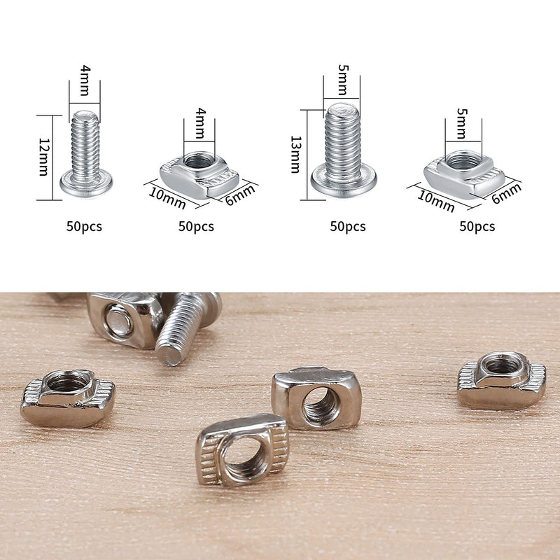 200 Pcs M4 M5 2020 Series T Nuts, Including 100 Pcs Hex Socket Head Screws, T Slot Nut Hammer Head Fastener Nuts, for 20 Series Aluminum Profile, with 2 Pcs M4 M5 Wrench