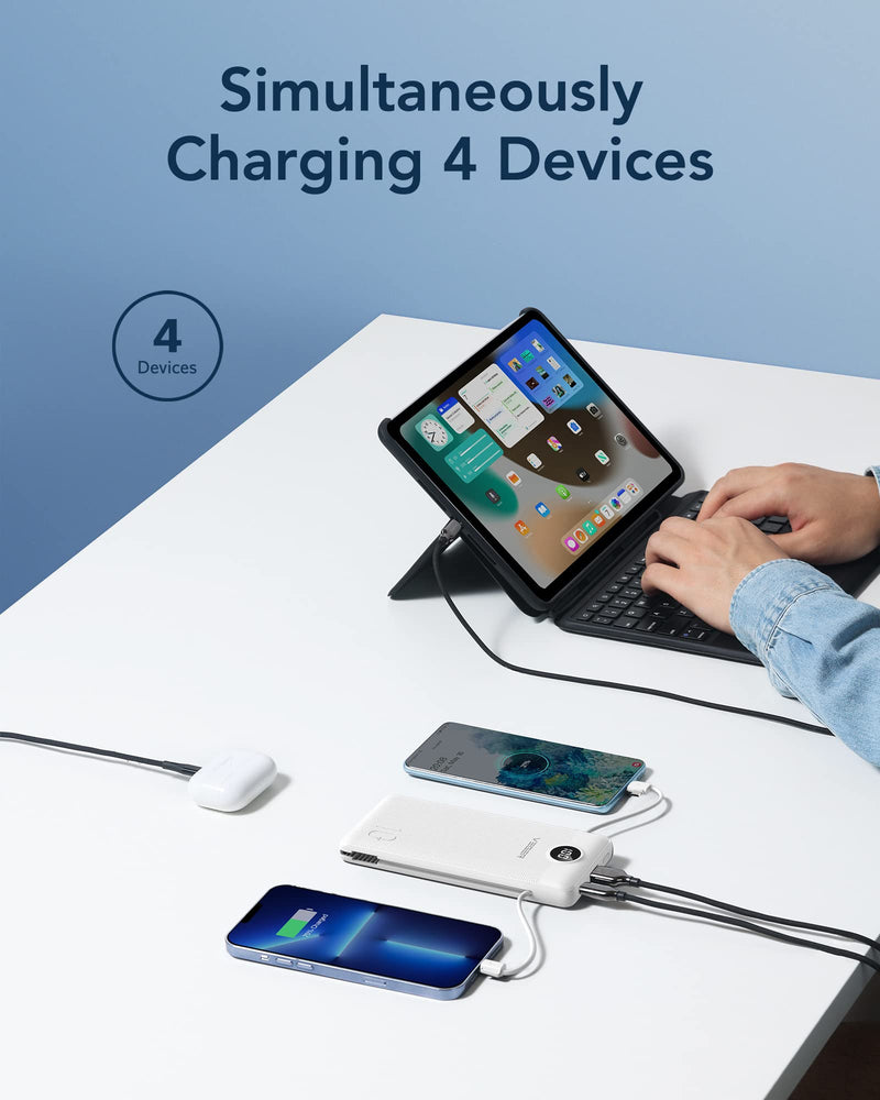 [Australia - AusPower] - VEGER Portable Charger for iPhone Built in Cables and Wall Plug, 10000mah Slim Fast Charging USB C Power Bank, Travel Essential Battery Pack Compatible with iPhones, iPad, Samsung, and More(White) B White 