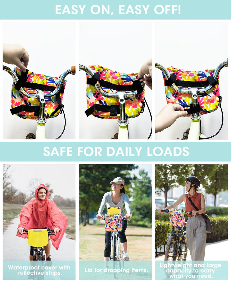 [Australia - AusPower] - ANZOME Kids Bike Basket, Colorful Blocks Large Bicycle Basket, Bicycle Handlebar Bag, Waterproof Fabric Colorful Bike Basket for Women, Men, Kids Colorful Flower 