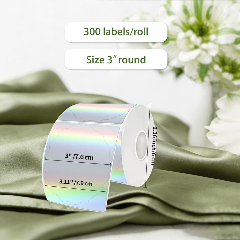 3 Inch Round Holographic Thermal Labels, Color Flower Thermal Sticker Labels for Small Business, Logo Design, Baking,300 Sheets/1 Roll (Holographic Silver) 3 inch