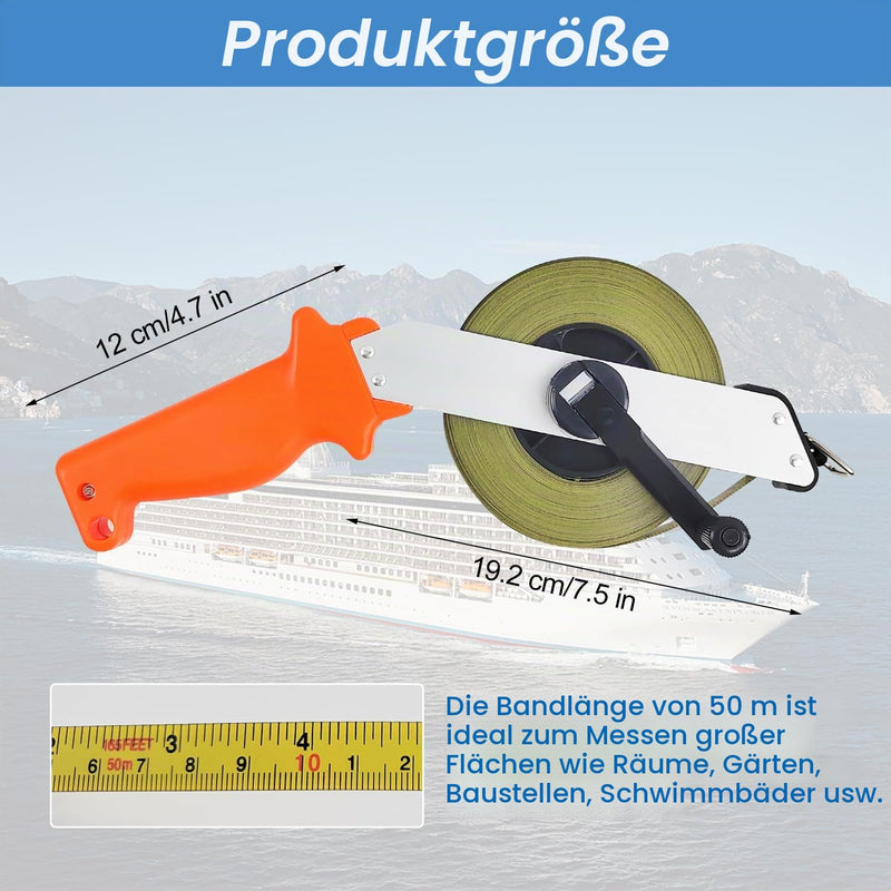 50m Steel Tape Measure with Ergonomic Handle | 50 m long steel tape measure in roller housing for longer distances during construction, land and surveying work. 1