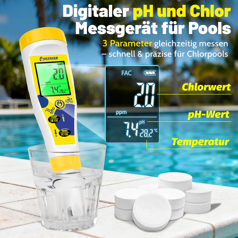 UIUZMAR Digital pH and Chlorine Meter Pool, 7-in-1 pH Salt Tester for Spa | Multifunctional pH salt content EC TDS ORP meter with simultaneous display for whirlpool, swimming pool, hydroponics yellow