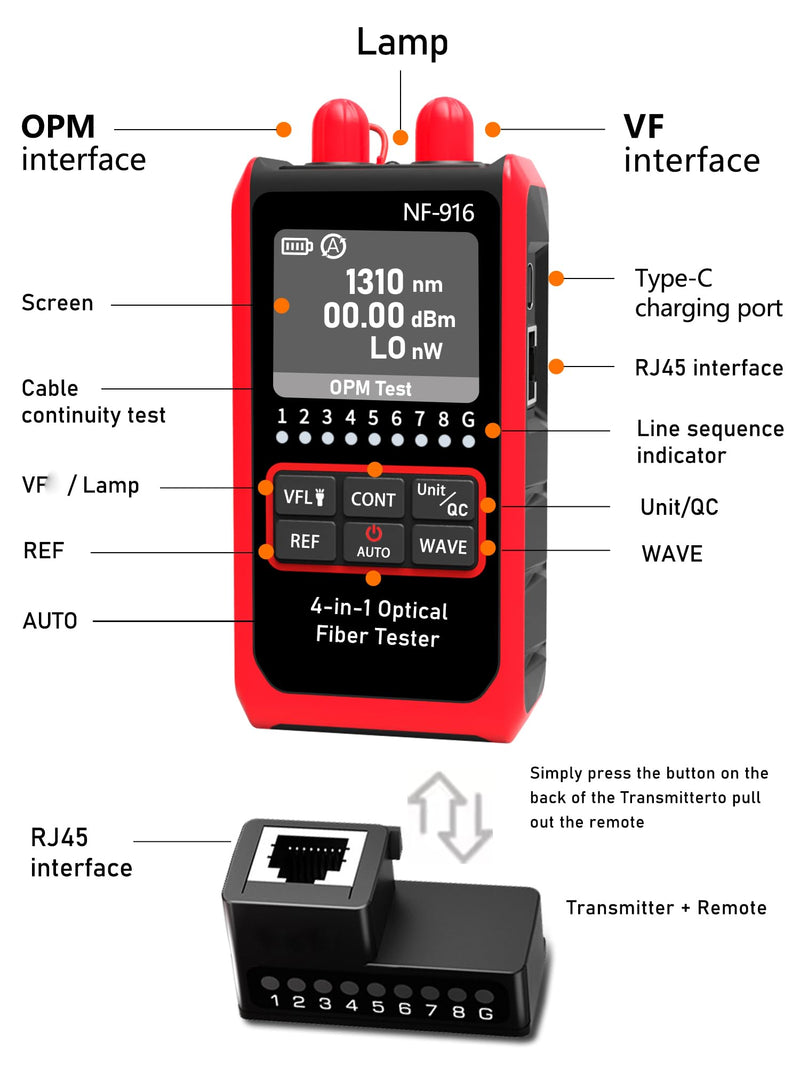 [Australia - AusPower] - NF-916 Network Cable Tester with Optical Power Meter 4 in1 FC/SC/ST Universal Interface Ethernet LAN RJ45/RJ11/CAT5/CAT6 Continuity Test Wire Tracer Fiber Tester 