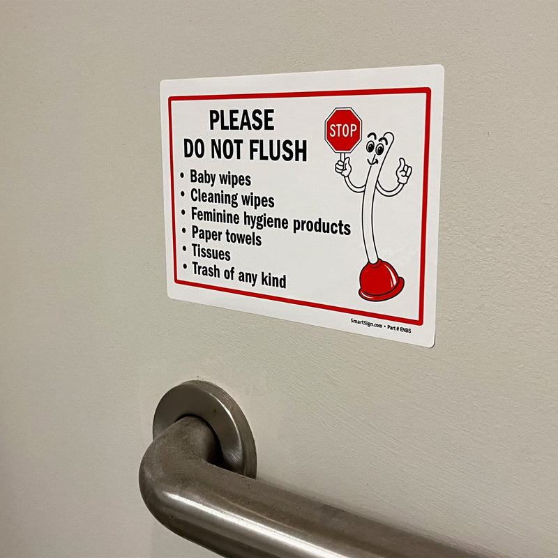 [Australia - AusPower] - SmartSign 5 x7" Funny Please - Do Not Flush Wipes, Feminine Products, Paper Towels, Tissues, Trash Sticker Labels Pack of 4, 5 mil Laminated Polyester with SuperStick Adhesive, Red Black White 5" x 7" - SuperStick Label 