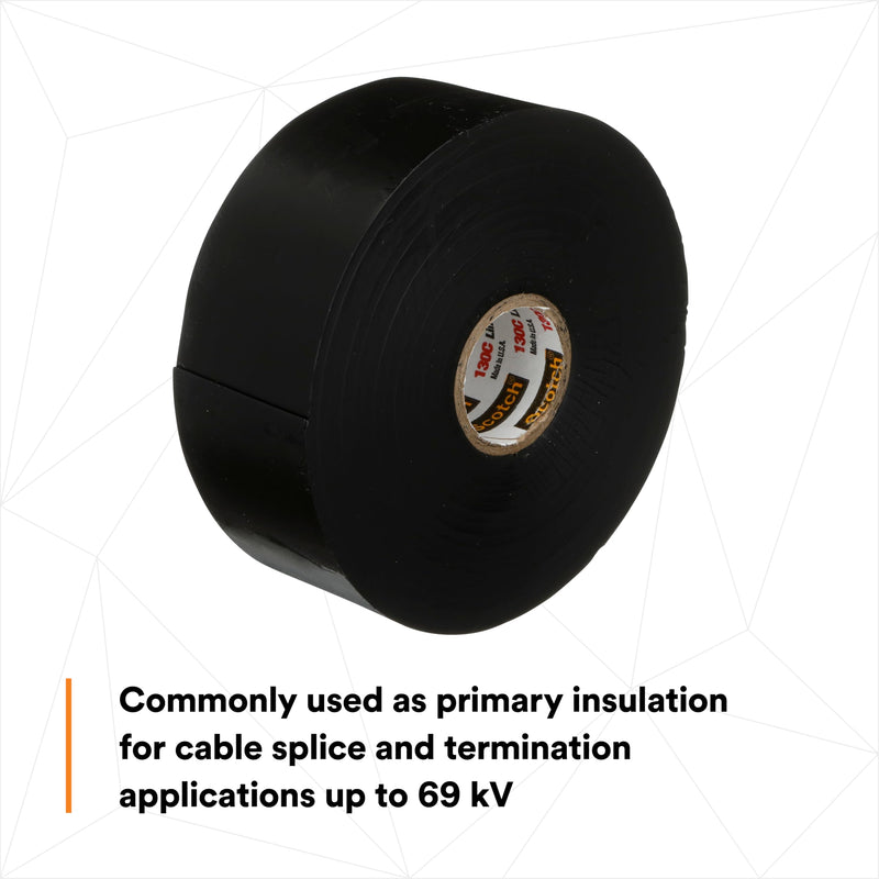 3M Scotch Linerless Electrical Splicing Tape 130C for Wires and Cables, 1-1/2 in x 30 ft, Rubber Backing, Self Fusing, UV Resistance, Highly Conformable, Moisture Seal, Black, 1 Roll