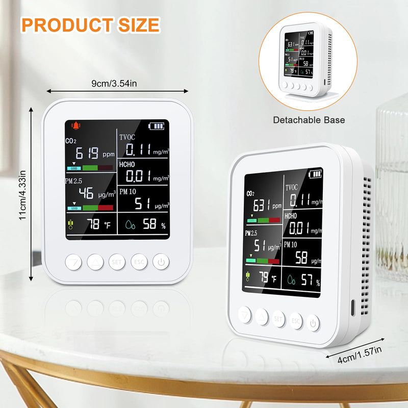 Air Quality Monitor Indoor,7-in-1 Air Quality Tester Kit, Portable Indoor Air Quality Meters for CO2,TVOC,HCHO,PM2.5,PM10 with LCD Digital Display,Battery Powered