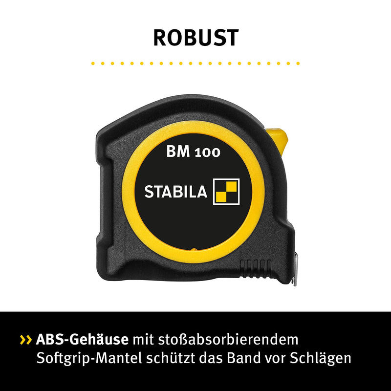 Stabila Pocket Tape Measure BM 100 8m Metric Scale Tape Measure Shatterproof ABS Housing Movable Start Hook Belt Clip MID Accuracy Silver cm scale 8 m