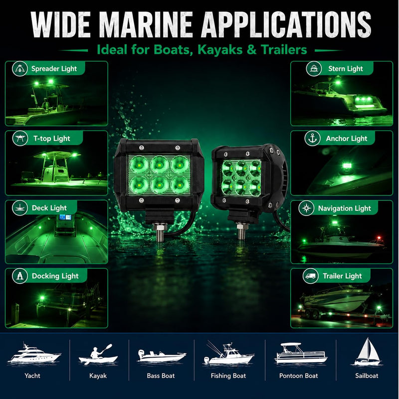 Shangyuan Pontoon Boat Docking Light - Marine LED Spreader & Navigation Lights, Green, 2pcs 18w 6Led 2pcs green