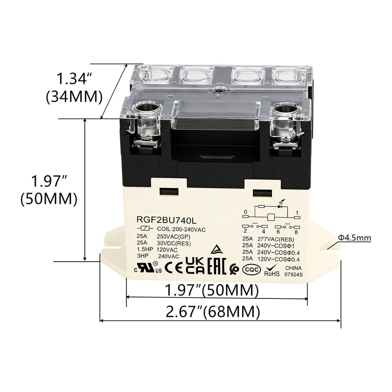 2 Pack General Purpose Relay, RGF2BU740L, 25A 200-240VAC Coil Voltage, 6Pin Double Pole Single Throw Normally Open Contacts, with LED Indicator Light and Protection Cover 2 AC 220V