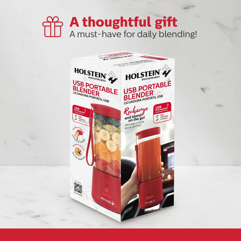 [Australia - AusPower] - Holstein Housewares - USB Portable Blender, 16oz Personal Smoothie & Shake Maker with Rechargeable Battery, Type-C Fast Charging, Spill-Free Lid & Indicator Light - Red 