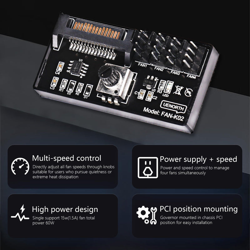 [Australia - AusPower] - 4-Pin PWM Fan Controller Hub - 12V PC Chassis Fan Speed Knob Adapter with SATA Power, 60W Output & 3M Tape for 4 Fans (Case Fan Hub/PWM Cooling Controller) 