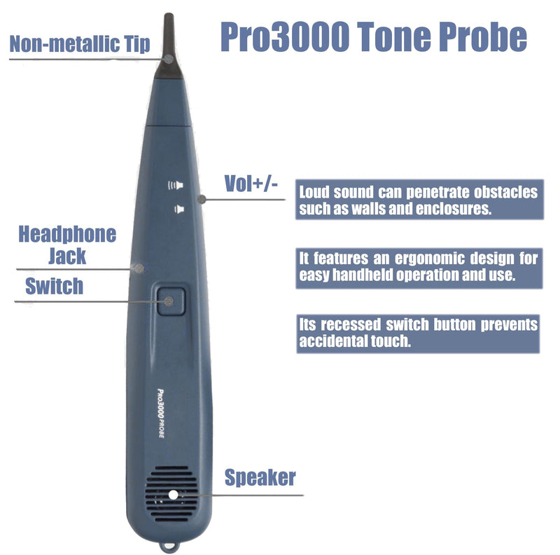 [Australia - AusPower] - Pro3000 Tone Generator and Probe Kit, Wire Tracer Cable Toner, Handheld Telephone Line Finder Network Cable Tester with SmartTone Technology Electrical Tool Kit 