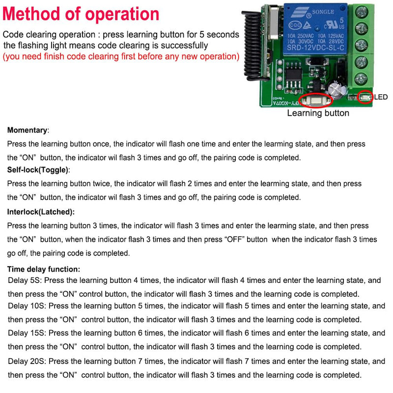 Gebildet 433MHz Universal Remote Control Switch Wireless DC 5-30V 1 Channel Relay Receiver Module RF Transmitter Momentary Toggle Latch for Gate Open Door LED Pump Car (Transmitter 1 Button+1 Receiver 1Channel) 5-30 VDC