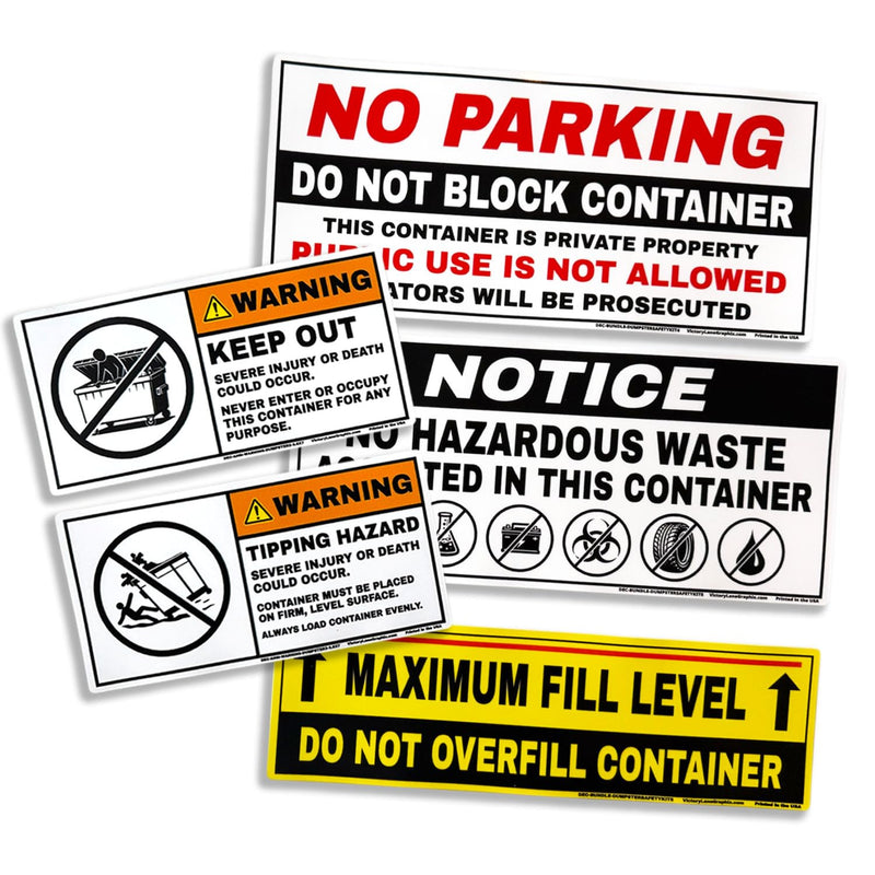 Dumpster Safety Kit Labels – 5 Pack Warning Stickers for Dumpsters & Trash Containers – No Parking, No Hazardous Waste, Max Fill Line, Keep Out, Tipping Hazard – Weatherproof Vinyl Decals