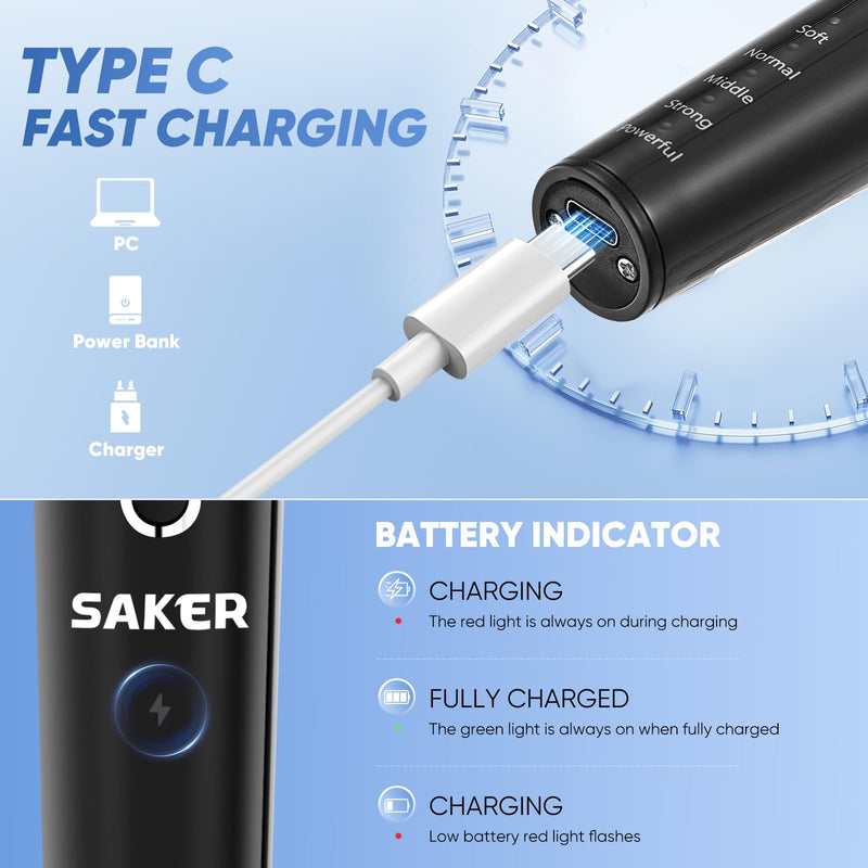 [Australia - AusPower] - Saker Tooth Polisher, 2 Set Replacement Polishing Brush Heads(12pcs) Included, Rechargeable Tooth Polishing Kit, Dental Teeth Polisher with LED Light, 5 Speed Modes, Waterproof 