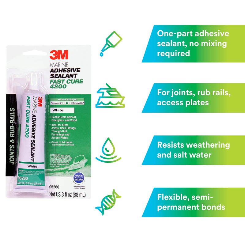 [Australia - AusPower] - 3M Marine Adhesive Sealant Fast Cure 4200 (05260) – Semi-Permanent Flexible Adhesive Sealant for Boats and Marine Applications – White – 3 Ounces 