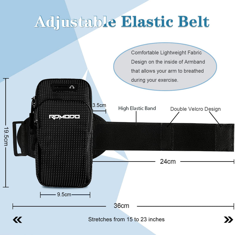 [Australia - AusPower] - Running Armband Phone Holder, Water Resistant Arm Bands for iPhone Samsung LG Card Keys, 2 Pockets Plus Size Elastic Band Phone Pouch for Running Exercise Gym Walking Women Men Under 7.5 Inch 7.5 inches Black 