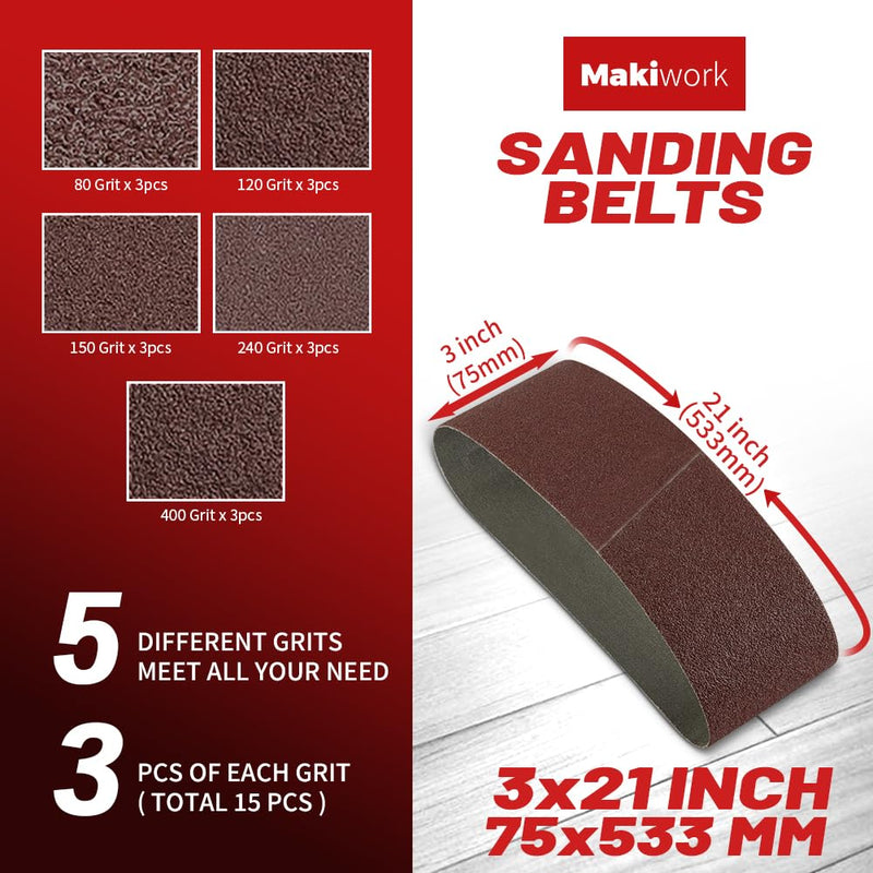 [Australia - AusPower] - 3 x 21 Inch 75 x 533 mm Sanding Belts Set - 15-Pack with 80/120/150/240/400 Grits, Aluminum Oxide Abrasive Belts for Woodworking 3 x 21(15pcs) 
