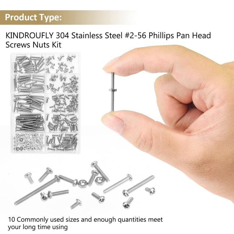 [Australia - AusPower] - 242 Pieces #2-56x 5/32", 3/16", 1/4", 5/16", 3/8", 1/2", 5/8", 3/4", 1", Phillips Pan Head Machine Screws Nuts Assortment Kit, 304 Stainless Steel, Fully Machine Thread #2-56 