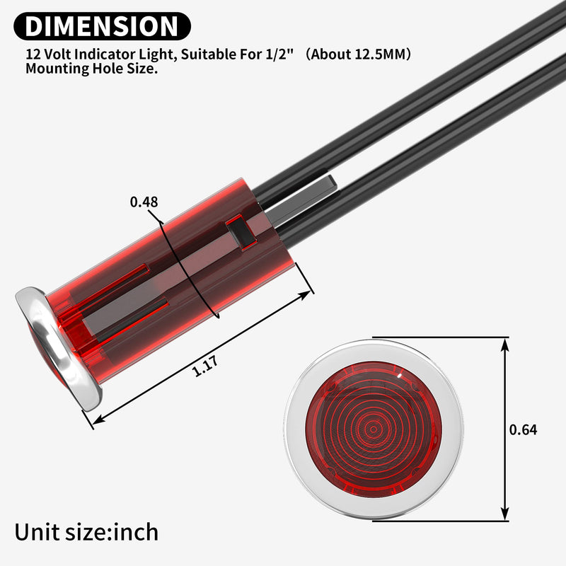 [Australia - AusPower] - DaierTek Indicator Light 12V Red Snap-in 1/2" Panel Mount LED Indicator Light 12 Volt 0.5" Pilot Light -2pcs 12.5mm 
