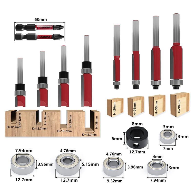 [Australia - AusPower] - CSOOM Pack of 10 Flush Cutters with 2 Impact Magnetic Bits, 6 Bearings, 2 Wrenches, 8 mm Shank Flush Cutter Set, Carbide Cutters, Tools for Woodworking 10pcs-8mm 