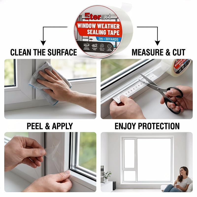 ETERART Transparent Weatherproof Seal Tape 2" x30Yds - Heavy Duty Waterproof Adhesive for Winter Drafts & Rain Leaks, No-Residue Weather Stripping for RVs, Windows, Doors & Renters 2" x 30 Yards