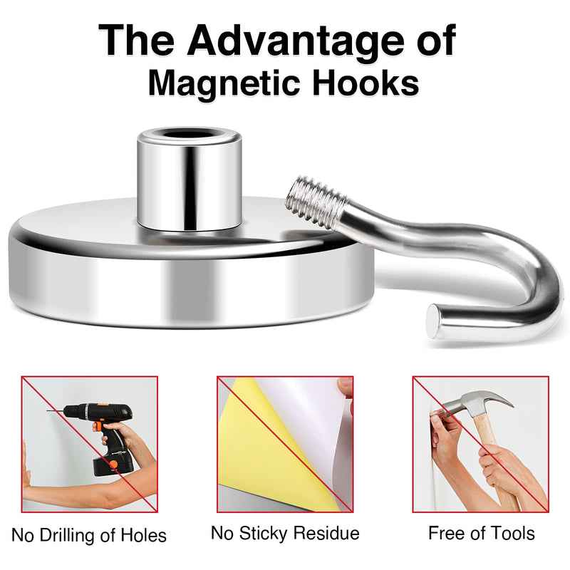 MIKEDE Magnetic Hooks Heavy Duty, 150Lbs+ Super Strong Magnet Hooks for Cruise Essentials, Neodymium Earth Magnets with Hook for Hanging, Magnetic Hanger for Fridge, Toolbox, Storage - 4 Pack 4Pack-150LB Silver