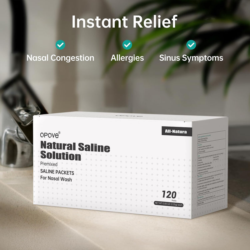 [Australia - AusPower] - Opove Pre-Mixed Saline Packets for Nasal Wash Irrigation Systems, Natural, and PH Balanced, 120 Packs (Nose Cleaner is Not Included) 120Packs 