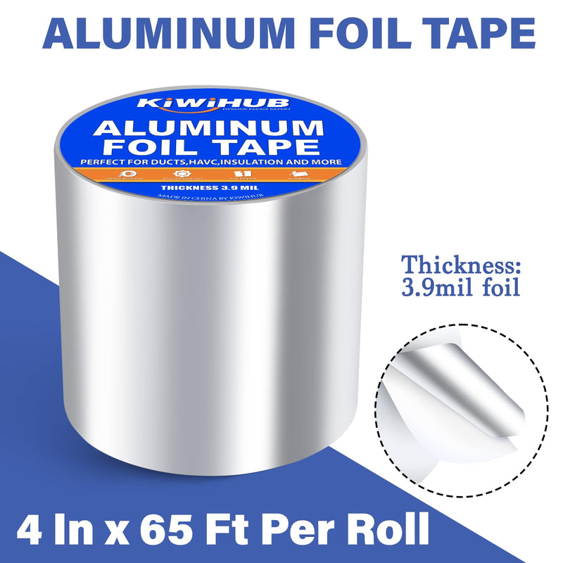 Aluminum Foil Tape,4 inch x 65ft(3.9Mil),Heavy Duty HVAC Tape,Insulation Adhesive Metal Tapes for Ductwork,Dryer Vents Pipe,Sealing and Repairing 4 inch x 65ft 1