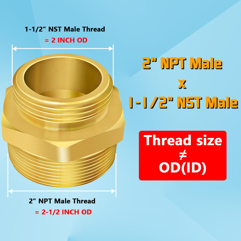 [Australia - AusPower] - Fire Hydrant Hex Nipple, 2" NPT x 1-1/2" NST (NH) Male Fire Hydrant Hose Adapter Fitting Double Male Brass Fire Hydrant Connector 2" NPT Male x 1-1/2" NST Male 
