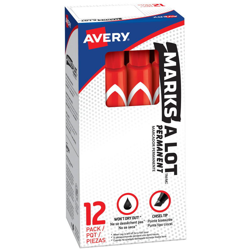 Avery Marks A Lot Permanent Markers, Large Desk-Style Size, Chisel Tip, Water and Wear Resistant, 12 Red Markers (08887) 12 Count (Pack of 1) Stick