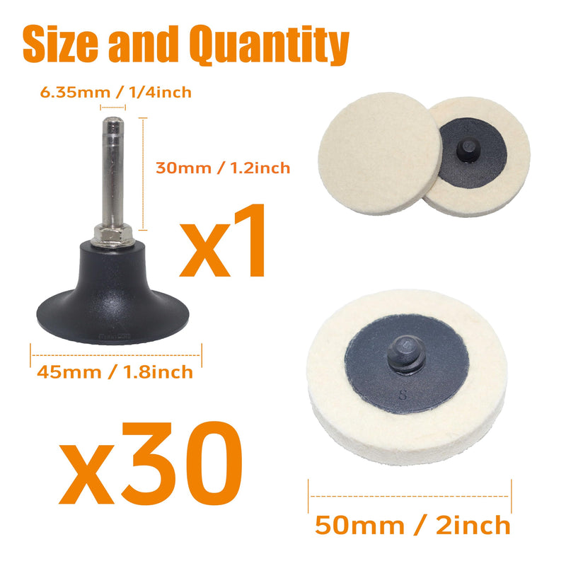 [Australia - AusPower] - Merryland Wool Quick Change Disc 2 inch for Die Grinder, 2inch Polishing Buffing Pad 30 Pack with 1/4 Inch Shank, Wool Fabric Disc Polishing Buffing Wheel Metal Steel Iron Universal, DGTAB32C1 With Shank 30PCS 