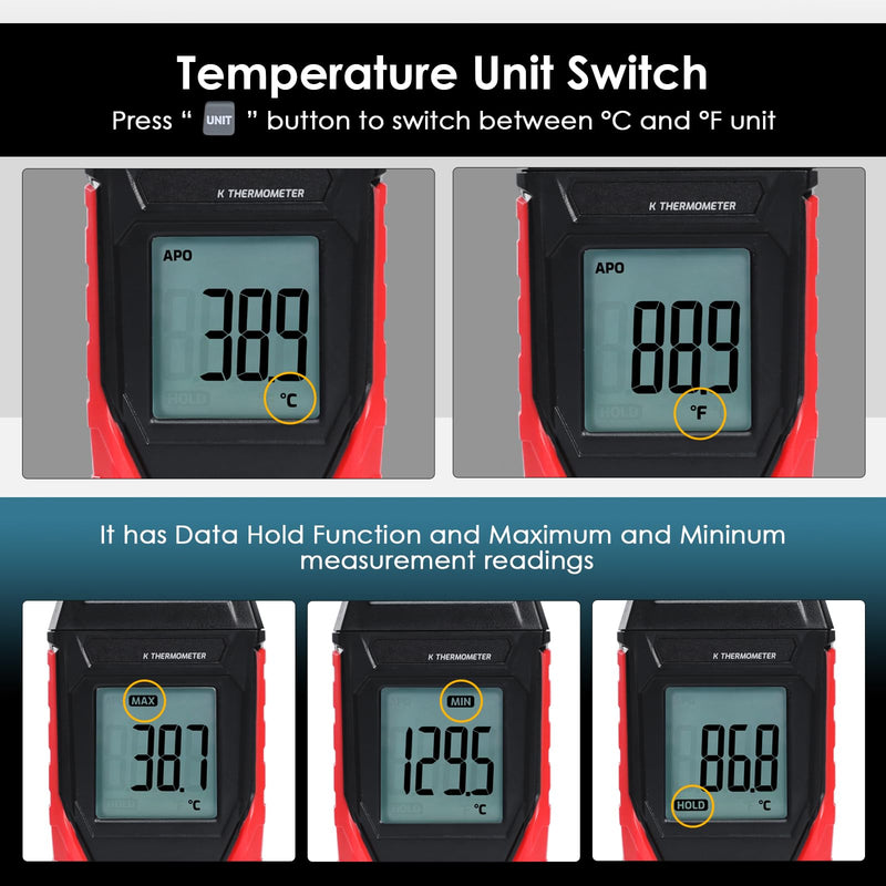 [Australia - AusPower] - Thermocouple Thermometer Digital K Type Thermometer, Single Channel Thermocouple Tester(-328~2501℉) with 1 Temperature Clamp and 1 Wired Thermocouple Probes LCD Display Temperature Tester for K Type 
