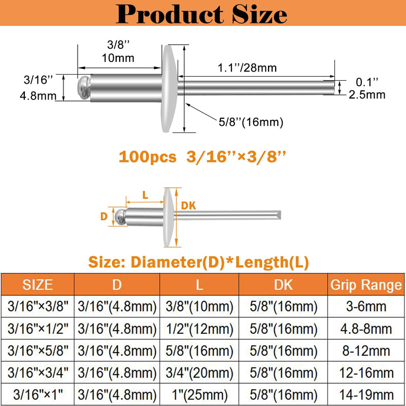 [Australia - AusPower] - 100pcs Aluminum Large Flange Blind Rivets, 3/16" x 3/8", Flange Diameter 5/8" (16 mm), Pop Rivets Assortment Kit Blind Rivet by Bolt Dropper, Grip Range(3-6mm) 3/16''x 3/8'' 