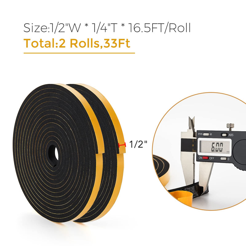 [Australia - AusPower] - 33 Feet Weather Stripping Door Seal- 1/2" Wide X 1/4" Thick Door Bottom Seal Strip High Density Foam Tape Adhesive Rubber Strip for Door Soundproofing,Window Insulation (1/2" x 1/4" x 33FT,Black) 1/2In x 1/4In x 33Ft Black 