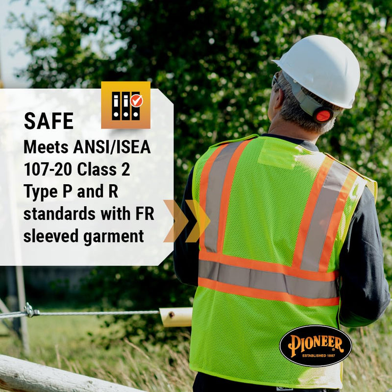 Pioneer Hi Vis Flame Resistant Vest For Men and Women - Self-Extinguishing FR Mesh - Reflective Tape - Class 2 - Hi Vis Yellow Yellow/Green Large-X-Large