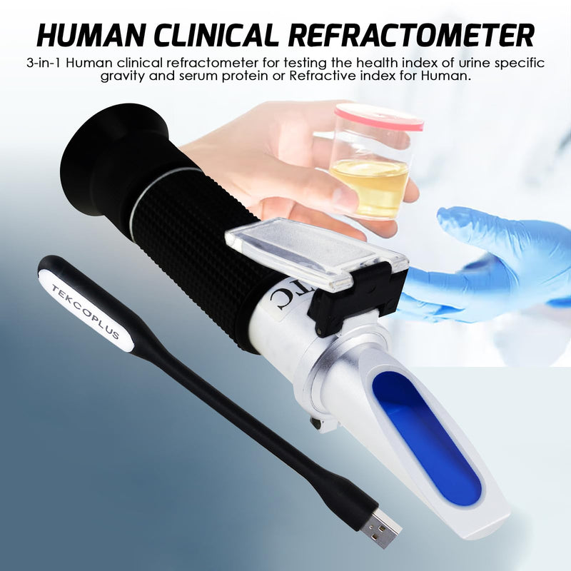 [Australia - AusPower] - 3-in-1 Clinical Refractometer with ATC for Tri-Scale Serum Protein 0-12 g/100ml Urine Specific Gravity SG 1.000-1.050 Refractive Index 1.333-1.360RI w/Extra LED Light & Pipette for Human Use Urine Sg / Serum Protein / Refractive Index 