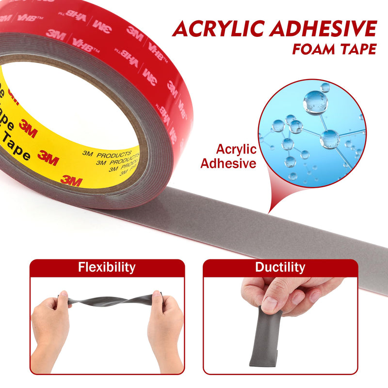 3M Double Sided Tape Heavy Duty 2" x 15.4Ft 2 Pack Mounting Tape Foam Tape Waterproof High Temperature Resistance for Indoor Outdoor Home Office Car Decor Grey